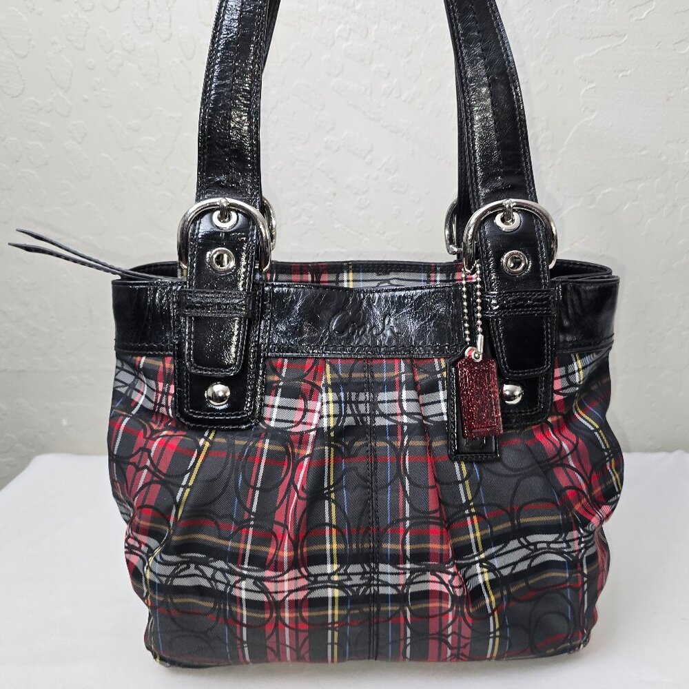 COACH F15467 Poppy Tartan Plaid Signature Glam Glitter Shoulder Tote FLAWLESS!